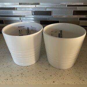 IKEA White Ceramic Planter Pair with Ribbed Detail